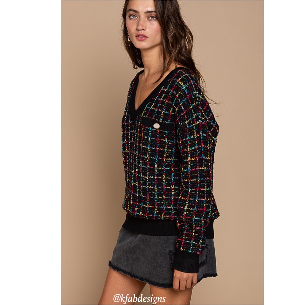 POL! LAST! Stunning On Trend Black w/Multicolor Tweed Front/Back V Neck Sweater - Picture 5 of 7